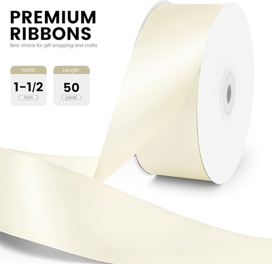 1-1/2" x 50 Yards Satin Ribbon - Ivory Silk Ribbon with Spool - Ideal for Gift Wrapping, Floral Bouquets, Crafts, Wedding Party Decorations, Christmas and Sewing Projects