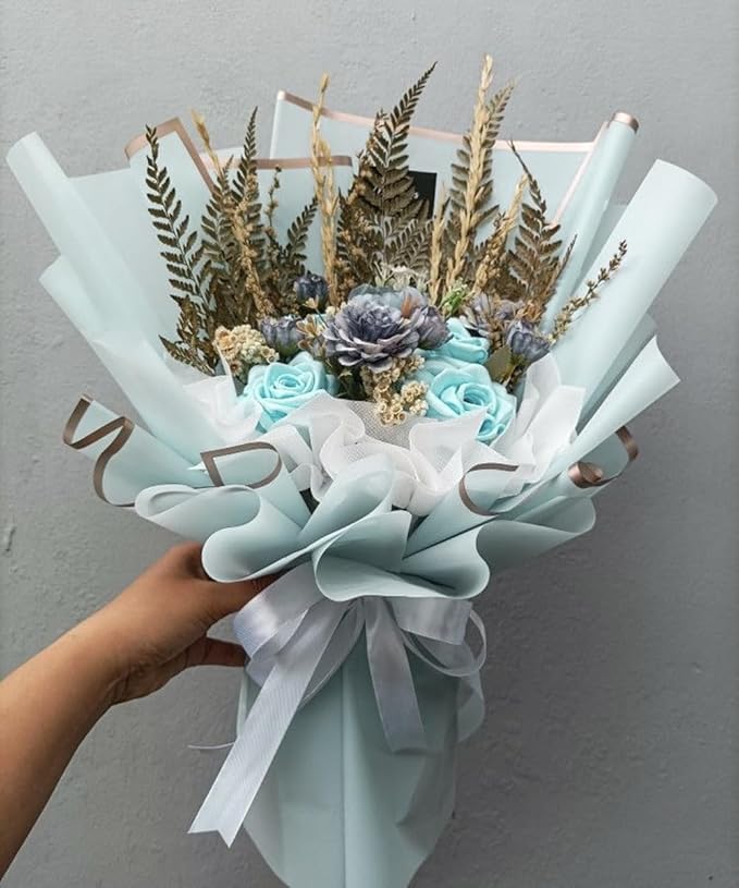 WRAPAHOLIC 20 Sheets Flower Wrapping Paper - 22.4 x 22.4 inch Gold Trim Light Blue Water-Resistant Floral Bouquet Wrapping Paper, Florist Supplies Packaging Paper for Wedding Birthday Gift DIY
