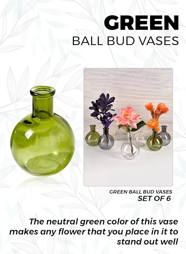 Serene Spaces Living Set of 6 Small Green Ball Bud Vases, Transparent Glass Vases for Weddings, Events, Parties, Floral Centerpieces for Home Decor, Measures 4" Tall