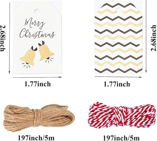 100 Pack Fashion Christmas Gift Tags, Xmas Fashion Gift Tags with Jute Twine Baker Twine for DIY Xmas Holiday Present Wrap Stamp and Label Package Name Card