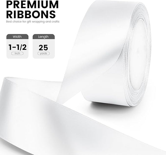 1-1/2" x 25 Yards Satin Ribbon, White Silk Ribbon Ideal for Gift Wrapping, Floral Bouquets, Crafts, Wedding Party Decorations, Christmas and Sewing Projects