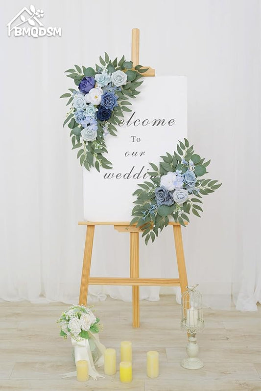 Wedding Welcome Signs Floral(Pack of 2),Wedding Arch Flowers for Wedding Decorations and Reception Backdrop Decoration(New Blue)