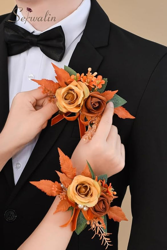 Serwalin Orange Corsage and Boutonniere Set ๐ฎ๐ฅ๐๐จ, ๐ฒ-๐ณ ๐๐ฃ๐๐ Boutonniere and Wrist Corsage Wristband Prom Flower Wedding Flowers Accessories Prom Suit Decorations Cake Topper