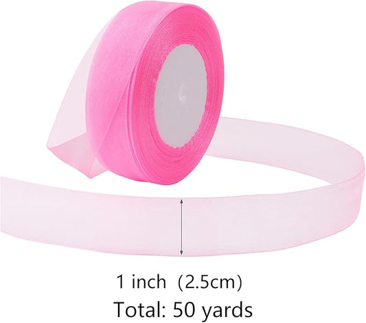 Pink Ribbon for Gift Wrapping 1 inch Sheer Organza Ribbon for Flower Bouquet Tulle Thin Chiffon Ribbons for Wedding Invitations Presents Decorations Crafts 50 Yards