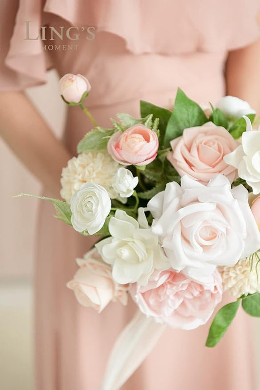 Ling's moment Artificial Flowers Pink Bridesmaid Bouquet Set of 4, Blush & Cream Wedding Flowers Bouquets for Bridesmaids, 7 Inch Bridal Bouquets for Bridesmaids, Wedding, Ceremony, Anniversary, etc