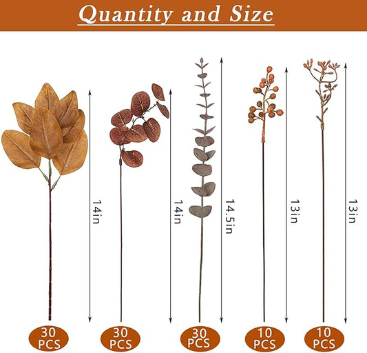 YXZZWL 110 Pcs 5 Kinds Mixed Artificial Eucalyptus Stems and Faux Berry,Autumn Fake Eucalyptus Leaves Stems Bulk Branches for DIY Bouquets Floral Arrangement Wedding Home Fall Decorations (Orange)