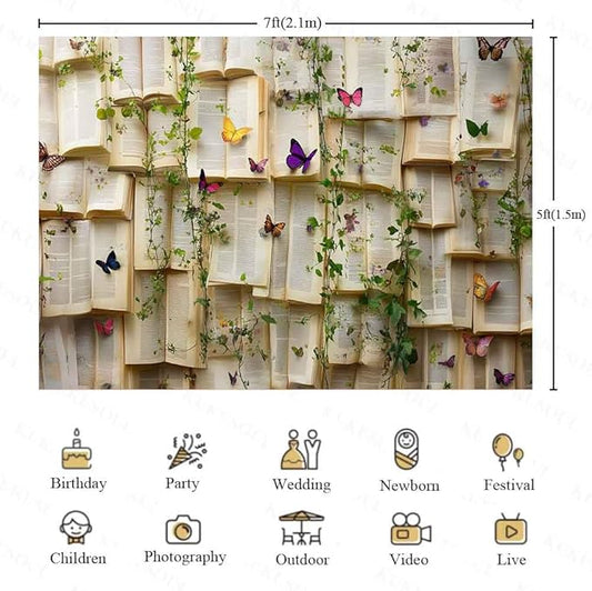 7x5ft Vintage Bookshelf Backdrop for Photography Book Butterfly Backdrops Books Flowers Wallpaper Decoration Bridal Shower Kids Girls Birthday Party Banner Supplies KUBYW004