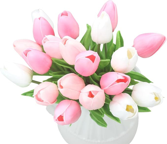Artificial Flowers 10 Heads Mini Real Touch Artificial Tulip Multicolor Bouquet for Home Wedding Party Centerpiece Decoration (Pink&White&Light Pink)