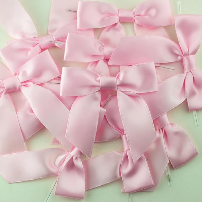 7Rainbows 30pcs Boutique 3.5" Pink Satin Ribbon Twist Tie Bows for Tying Up Packages Gift Wrapping