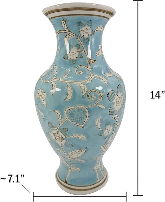 Galt International Light Blue and White Flower & Heart Chinoiserie Ceramic Vase 14"- Hand Painted Antique Style Porcelain Flower Bottle Fishtail Porcelain Chinese Vase for Home Decor Centerpiece