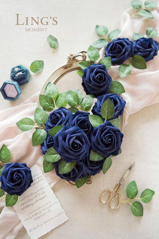 Ling's moment Artificial Flowers 25Pcs Deep Navy Blue Roses Decor w/Stems,3" Real Touch DIY Foam Floral for Wedding Bouquet/Centerpieces, Outdoors Party Backdrop, Room/Table, and Garden/Pot Decor