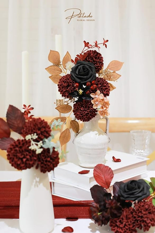 Artificial Wedding Dahlia Flowers 25 pcs Fake Roses w/Stem for DIY Wedding Decor Centerpieces Arrangements Bouquets (Burgundy)