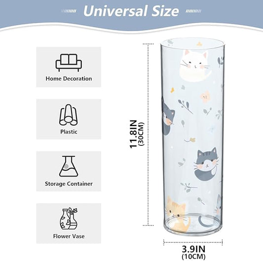 Flower Vase Clear Plastic Cylinder Vases Decor for Centerpieces Home Storage Office Weddings Cute Colorfl Cartoon Cats Light Blue 11.8 x 3.9 in