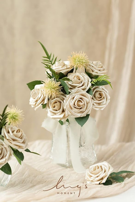 Ling's moment Artificial Flowers 25Pcs Champagne Gold Roses Decor w/Stems, 3" Real Touch DIY Foam Floral for Wedding Bouquet/Centerpieces, Outdoors Party Backdrop, Room/Table, Christmas Decor