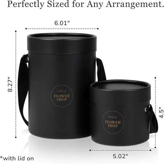 4 Flower Bouquet Hat Boxes | 2 Per Size Round Floral Arrangement Vase | Satin Ribbon Handle & Waterproof Liner | Gift Box for Flowers with Lids | Black