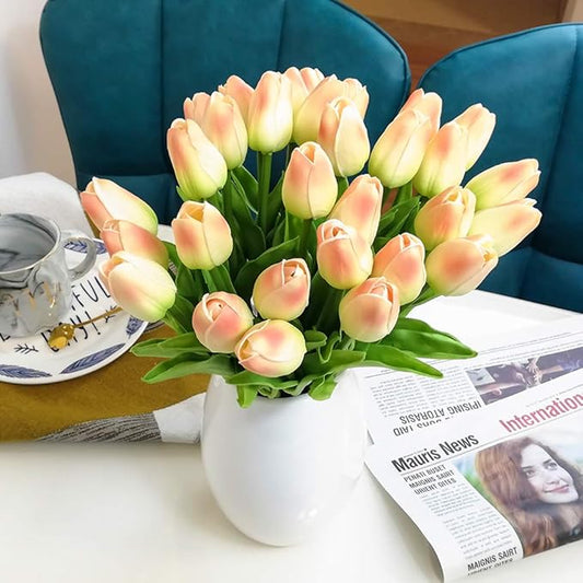 30pcs Artificial Tulips Flowers Real Touch Champagne Tulips Fake Holland PU Tulip Bouquet Latex Flowers for Wedding Party Office Home Kitchen Decoration (Champagne)