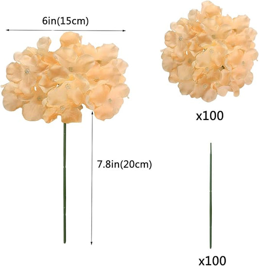 WEISPARK 100PCS Artificial Hydrangea Flowers, Fake Flowers Silk Hydrangea Full Flowers Heads with Stems for Wedding Home Party Shop Baby Shower Decor (Champagne)