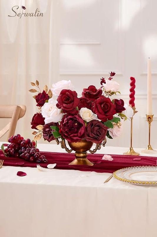 Serwalin Artificial Flowers Silk Fake Flowers Roses for DIY Wedding Bouquets Centerpieces Arrangements Party Bridal Baby Shower Home Decorations Cake Flowers (Burgundy & Pink)