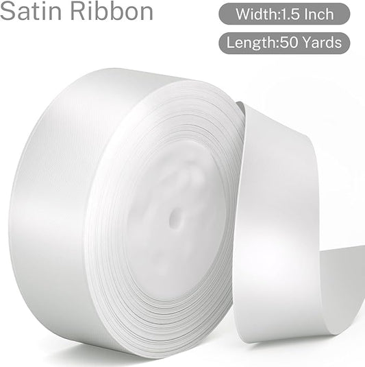 White Satin Ribbon 1-1/2 inch, 50 Yards Solid Fabric Ribbons for Flower Bouquet Wedding Invitations Crafts Wrapping Bow Making Party Home Decoration