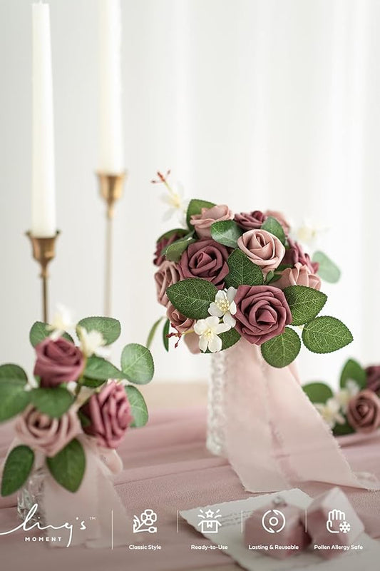 Ling's Moment Artificial Flowers, 25Pcs 3" Roses in Dusty Mauve Shades, Realistic DIY Foam Floral Fill for Wedding Bouquets/Centerpieces, Outdoor Party Backdrops, Room/Table, and Garden/Pot Decoration