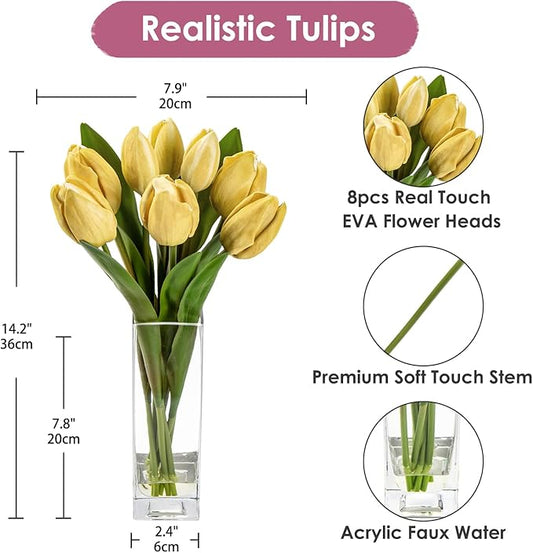 Briful Fake Flowers Artificial Tulip Flower Khaki in Clear Vase, Real Touch EVA Tulip Arrangement Suitable for Home Office Fall Decoration, Dining Table Centerpiece