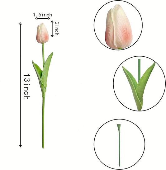 20 Pcs 13” Real Touch Champagne Pink Tulips Artificial Flowers, Latex Pu Fake Faux Lifelike Flowers with Stems, for Wedding Bouquet Christmas Home Decor