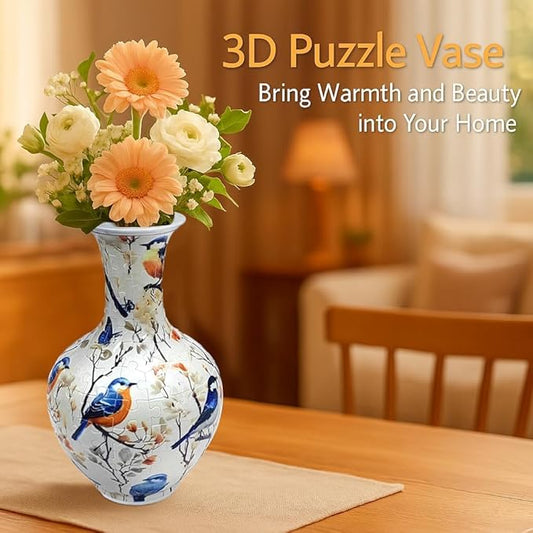 3D Puzzle Vase, 160 Curved Pieces DIY Flower Vase Craft Kit & 3D Puzzles for Adults, Creative Jigsaw Art Project Home Décor Centerpiece, for Women, Mom (White Birds & Blossoms)
