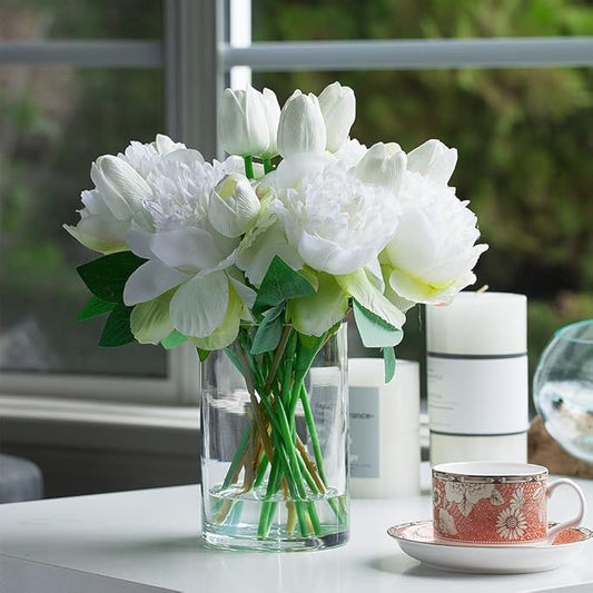 ENOVA FLORAL Artificial Flower Arrangement with Vase, Faux Flower in Vase, Mixed Artificial Real Touch Tulip and Fake Silk Peony Flower in Vase for Decoration Home Office(Cream)