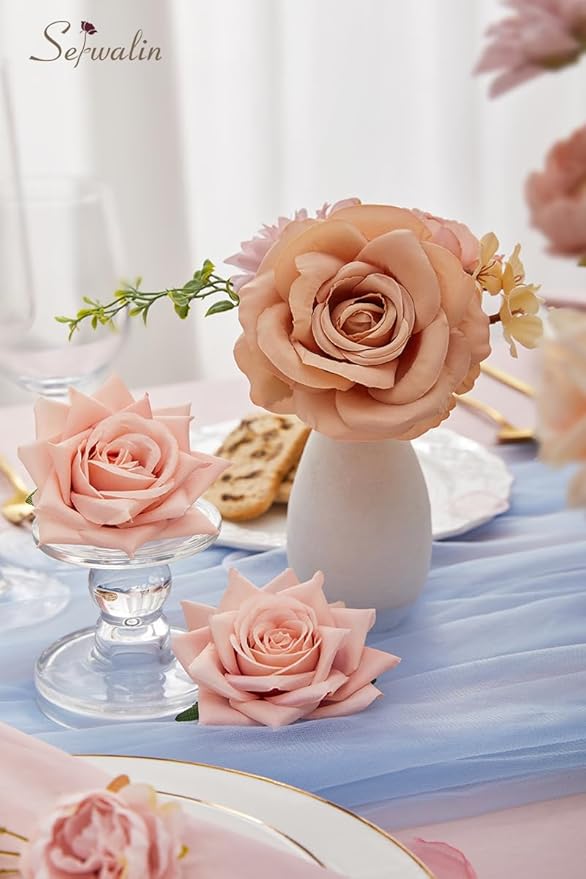Serwalin Artificial Flowers Terracotta Champagne Flowers, Fake Silk Cake Flowers for Wedding Bridal Bouquets Centerpieces Arrangements Baby Shower Party Cake Home Decor