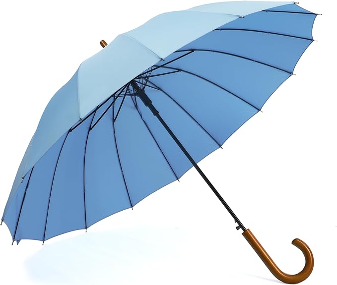 SoulRain 16 Ribs 48" Stick Umbrella Auto Open Solid Color Fashionable and Simple,Arc Classic Wood Handle,Windproof Unbreakable Stick Rain Umbrella