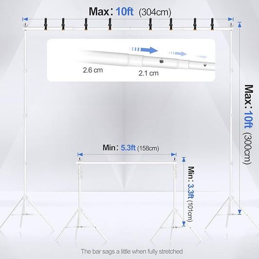 EMART Backdrop Stand 10x10ft(WxH) Photo Studio Adjustable Background Stand Support kit with 2 Crossbars, 8 Clamps, 2 Sandbags and Carry Bag for Parties, Events Decoration, Wedding, Photography -White