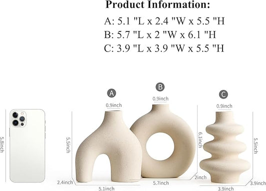 White Ceramic Vase Set of 3, Modern Boho Vases for Home Decor, Small Flower Vases for Pampas Grass, Round White Vases Centerpieces for Wedding Coffee Table Shelf Living Room Bedroom Entryway