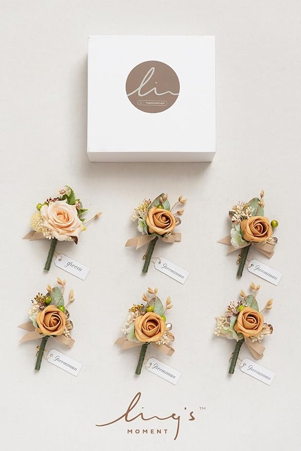 Ling's moment Boutonniere for Men, 6pcs Groom Groomsmen Boutonniere, Artificial Flowers for Wedding Decor/Prom/Homecoming, etc.Yellow Apricot Peach