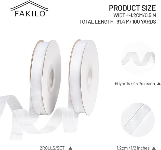 White Organza Ribbon for Gift Wrapping, FAKILO 1/2 Inch Sheer Wrapping Ribbon for Bouquet, Wedding, Christmas Gift - 50 Yards Each Roll