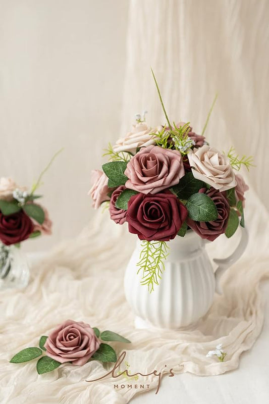 Ling's moment Artificial Flowers, 25Pcs 3" Roses in Burgundy Mauve Shades, Realistic DIY Foam Floral Fill for Wedding Bouquets/Centerpieces, Outdoor Party Backdrops, Room/Table, and Pot Decorations