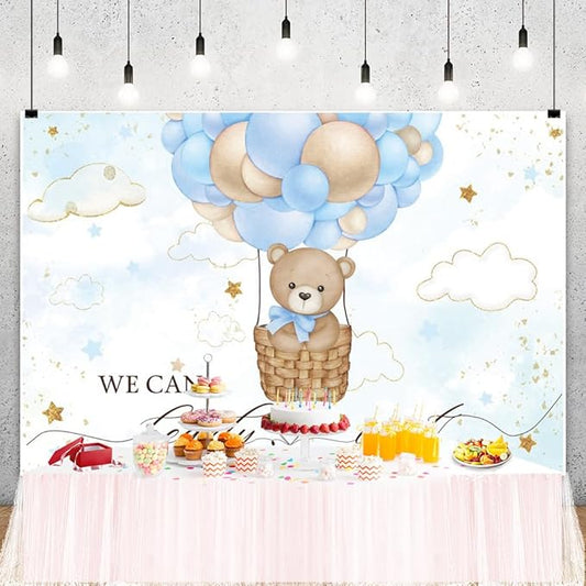 ChloropLastid We Can Bearly Wait Baby Photo Backdrop 8x6ft Baby Bear Blue Hot Air Balloon Background for Boys Balloons Clouds Stars Baby Shower Newborn Party Banner Decor Studio Prop Decor