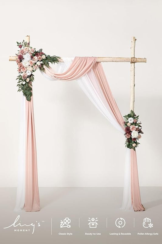 Ling's moment Pink Mauve Artificial Wedding Arch Flowers Kit Pack of 4, 2pcs Hanging Flower Arrangement 2pcs Chiffon Drapes Spring Ceremony Reception Fake Rose Arbor Backdrop Floral Outdoor Decor