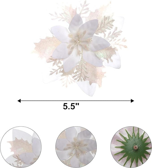 Zhuqing 15Pcs Christmas Poinsettia Artificial Flowers Decorations, Glitter Poinsettia Christmas Tree Ornaments, Black Tree Flowers for Xmas/Wedding/Holiday/Wreath/Garland Decor, with Cilps, 5.5 Inch