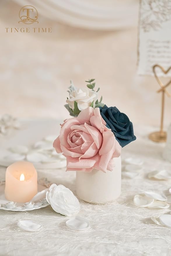 TINGE TIME Artificial Flowers Combo Mix Silk Flowers Pink Roses w/stem for DIY Wedding Bridal Bouquets Baby Shower Floral Arrangement Table Centerpieces Home Decorations (Navy Blue & Dusty Rose)