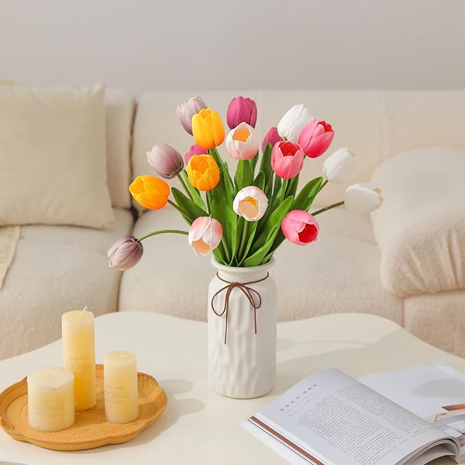 10PCS Artificial 18.5" Long Stem Blush Pink Tulips Bouquet PU Flowers, Fake 6 Color Tulip Faux Flowers with Bendable Stems for Floral Table Wedding Home Decor