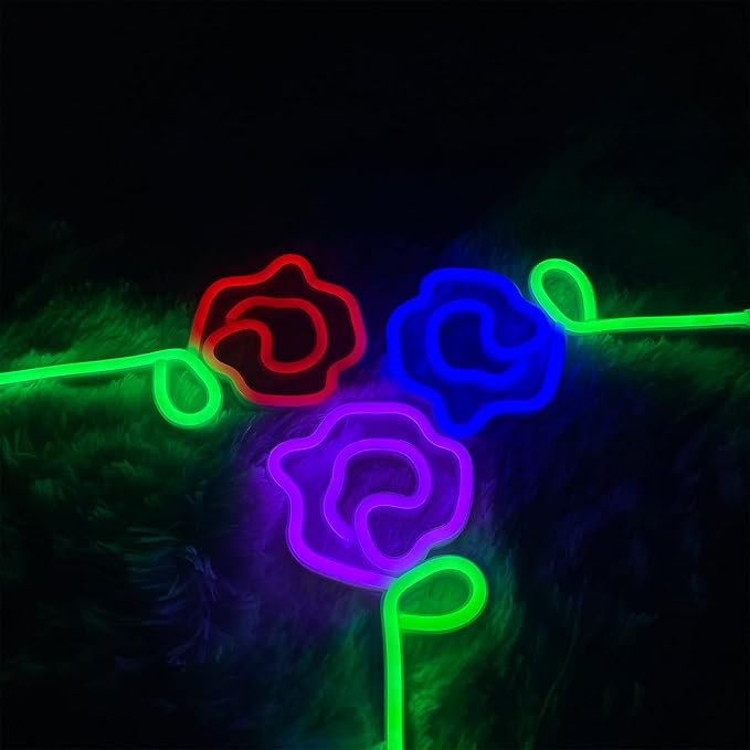 ENUOLI LED Neon Pink Rose Flower with Green Stem Wall Sign for Cool Light, Wall Art, Bedroom Decorations, Home Accessories, Party, and Holiday Decor Valentine's Day Present(Purple Rose)