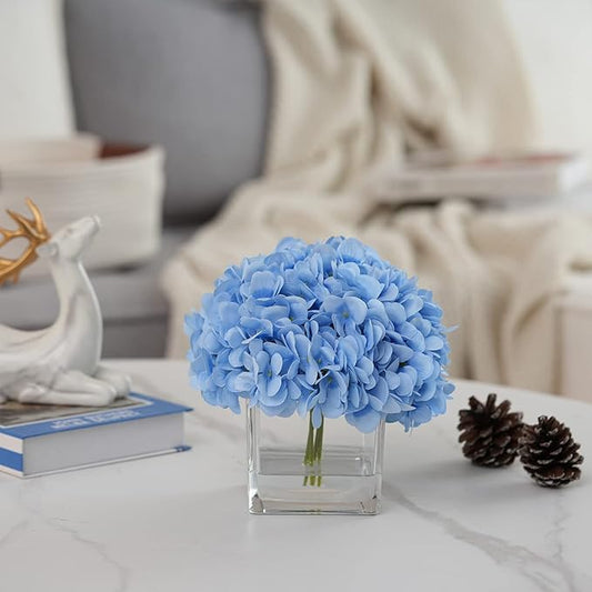 Silk Blue Artificial Hydrangea in Vase with Faux Water, Silk Flower Arrangements in Vase for Home Decor, Wedding Table (Blue)