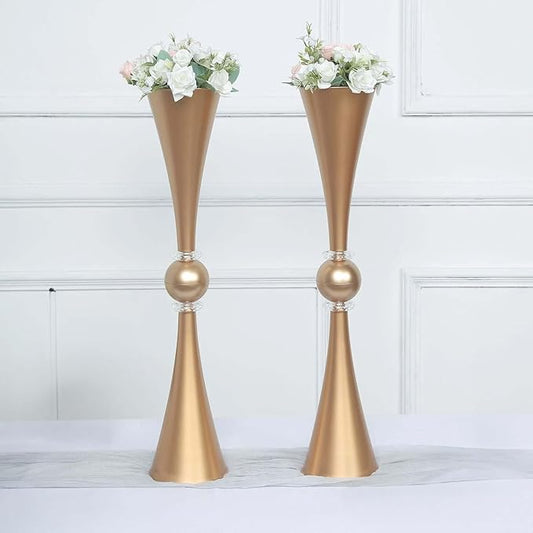 Efavormart 2 Pack | 27" Gold Crystal Embellishment Trumpet Table Centerpiece, Reversible Plastic Flower Vase