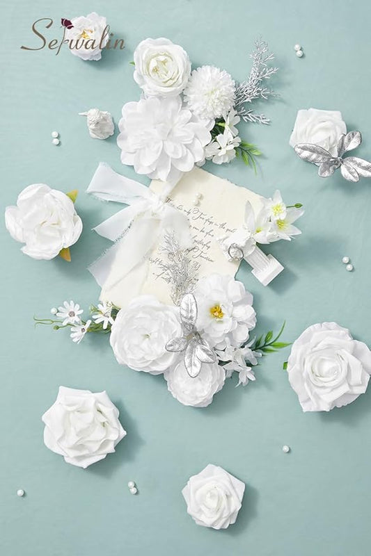 Serwalin White Artificial Flowers, Fake Silk White Flowers for DIY Wedding Bouquets, Wedding Cake Flowers for Table Centerpieces Baby Shower Birthday Party Home Decorations