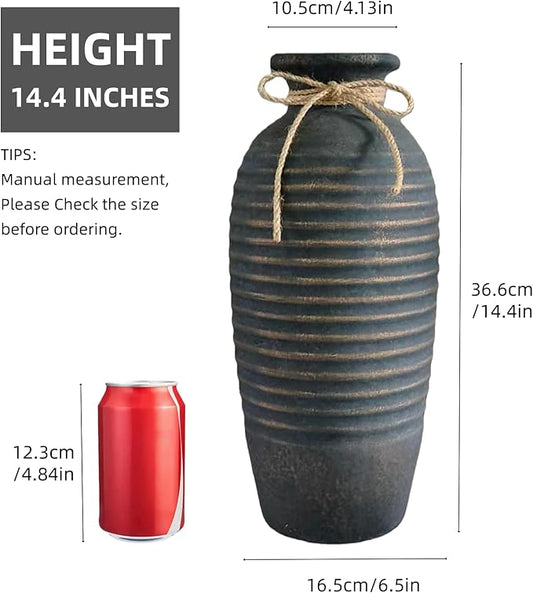 Large Ceramic Rustic Vase,14.4 Inch Vintage Farmhouse Tall Threaded Vase for House Book Shelf Office Coffee Desk Dining Fireplace,Bronze