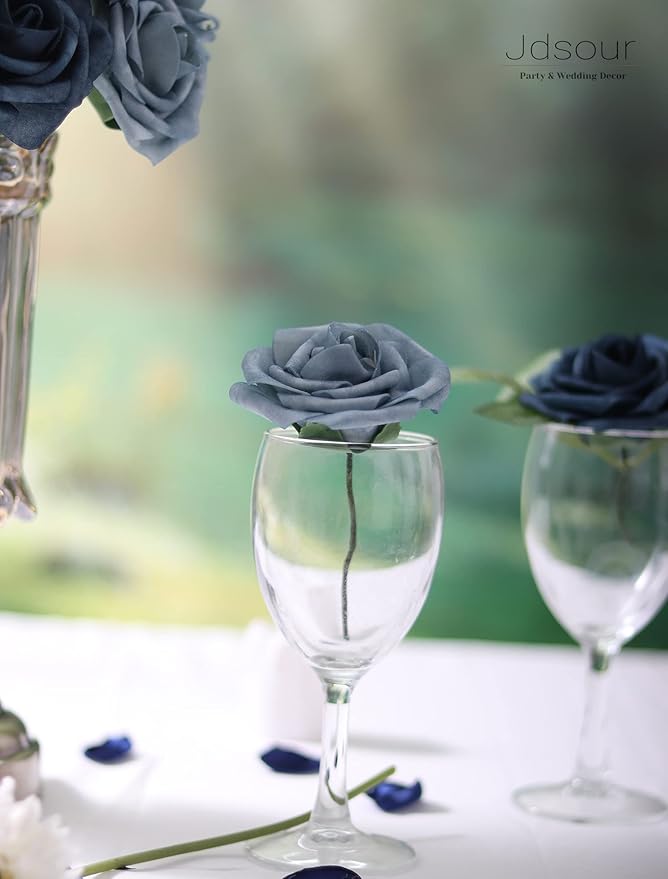 50pcs Artificial Flower,Real Touch Foam Roses w/Stem DIY for Wedding Bouquet Centerpieces Party Shower Home Decor-Dusty Blue Shades