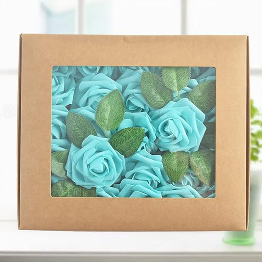 homEdge Artificial Rose, 25pcs Foam Artificial Flowers with Stem for Home Decorations, Wedding Bouquets, Party, Certerpieces, Anniversaries-Light Blue