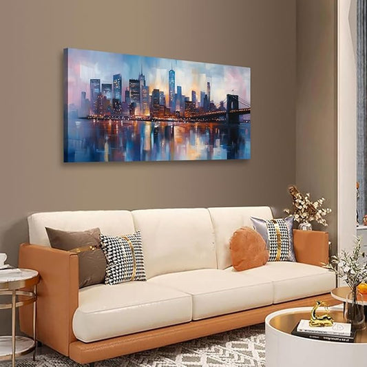 Abstraction Pictures Canvas Wall Art for Living room Office Bedroom Wall Decor,City Wall Art Print Paintings Modern Blue Great bridge Artwork Waterproof Ready to Hang-20x40inch