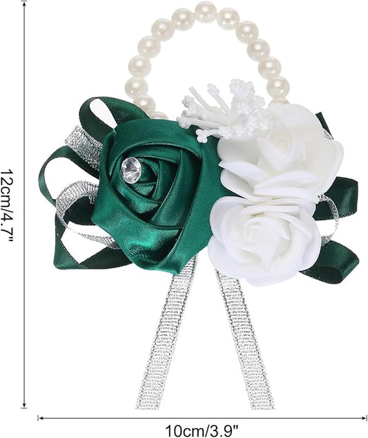 MECCANIXITY Wrist Corsage Artificial Flower Bracelets Rose Wrist Bride Groom Decorative for Wedding Ceremony Prom Party Anniversary Dark Green