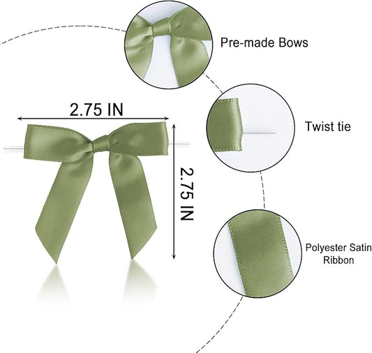 50 PCS Light Green Twist Tie Bows 2.5" Satin Ribbon Bows Decor for Gift Wrapping Craft Treat Bags Cake Pop Basket, Wedding Baby Shower Birthday Party Favors